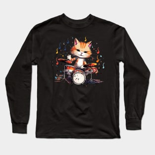 Anime Cat playing on Drums Long Sleeve T-Shirt
